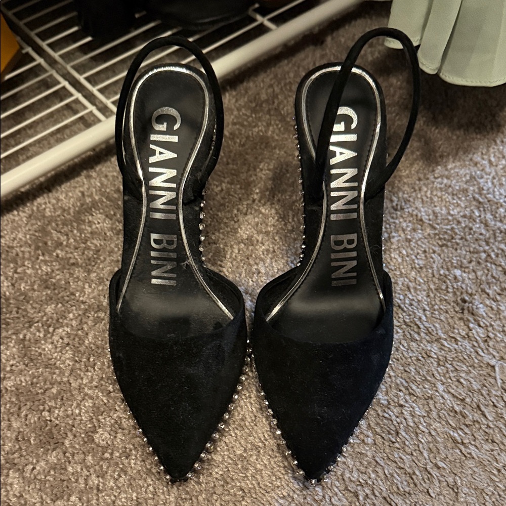 Gianni Bini Black Suede Pointed Slingback Heels with Stud Trim